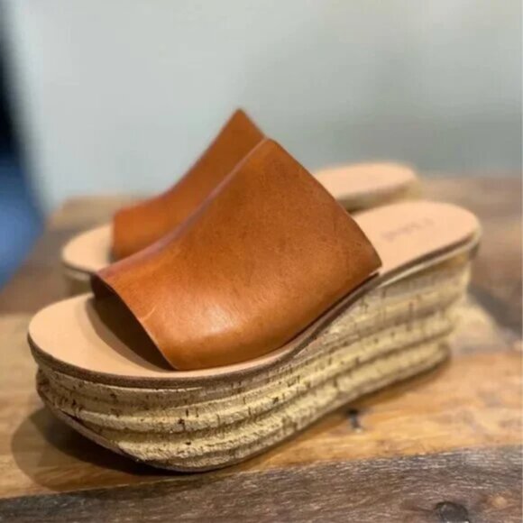 Chloe Camille Platform Wedge Mule Sandals – Brown Leather with Gold Detail - Picture 2 of 6